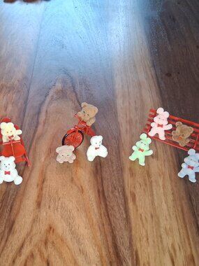 Vintage 80s Flocked Mini Bear Bunny Figurines Red Metal Bench Tricycle Set